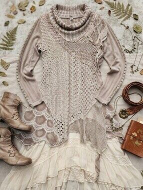 Feratelli Patchwork Textiles Cowl Neck Asymmetrical Hemline Tunic Sweater